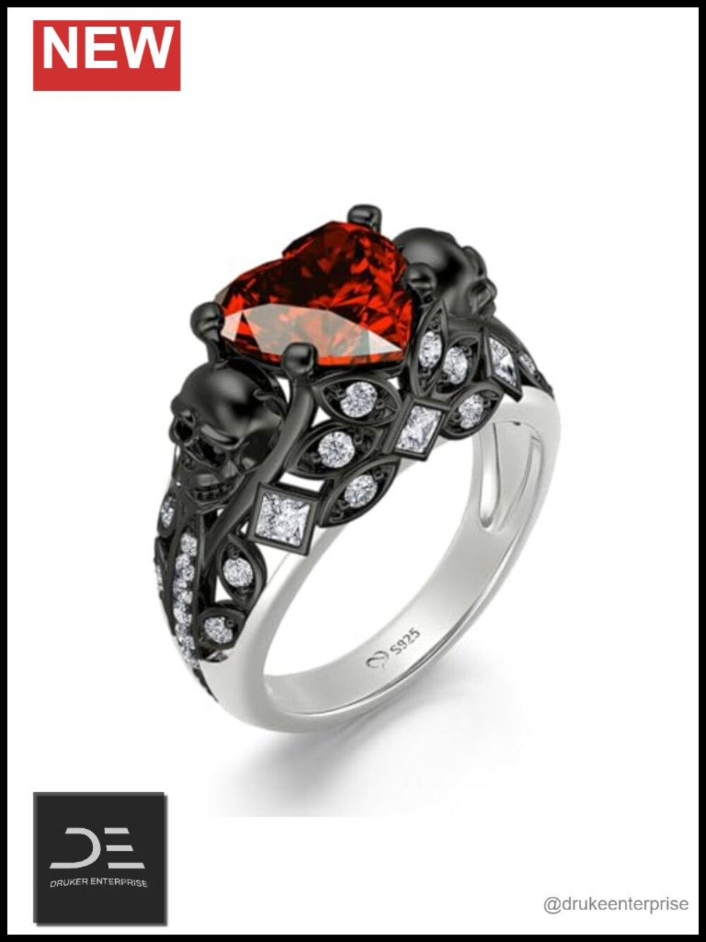 Skull Engagement Ring Set Heart Cut AAA Sterling Silver 2.55ct Gothic Jewelry